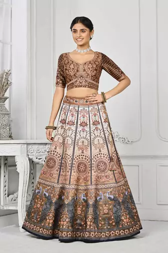 Brown Color Semistitched Digital Print Lehenga With Unstitched Blouse And Dupatta