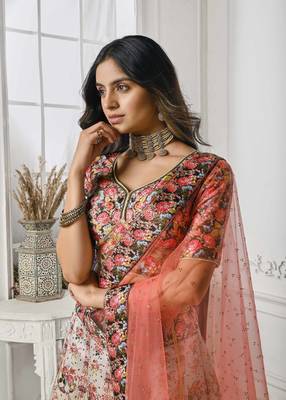 Brown Color Semistitched Digital Print Lehenga With Unstitched Blouse And Dupatta 3