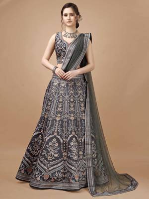 Grey semistitched digital print lehenga with unstitched blouse and dupatta 1