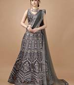 Grey semistitched digital print lehenga with unstitched blouse and dupatta