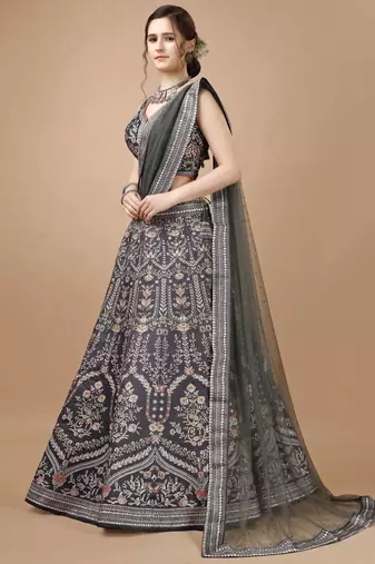 Grey semistitched digital print lehenga with unstitched blouse and dupatta