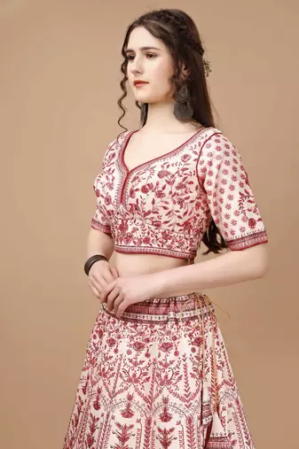 Red Color Semistitched Digital Print Lehenga With Unstitched Blouse And Dupatta