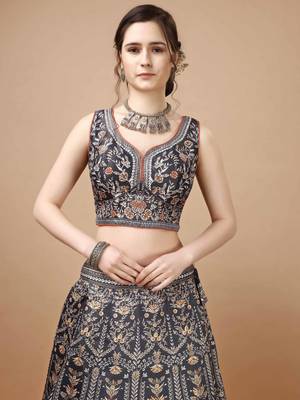 Grey semistitched digital print lehenga with unstitched blouse and dupatta 3