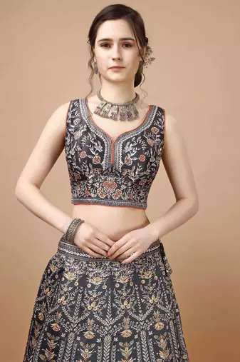 Grey semistitched digital print lehenga with unstitched blouse and dupatta