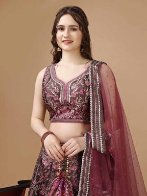 Maroon Color Semistitched Digital Print Lehenga With Unstitched Blouse And Dupatta 4