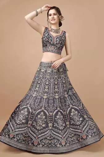 Grey semistitched digital print lehenga with unstitched blouse and dupatta