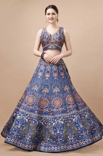 Blue Color Semi stitched Digital Print Lehenga With Unstitched Blouse And Dupatta