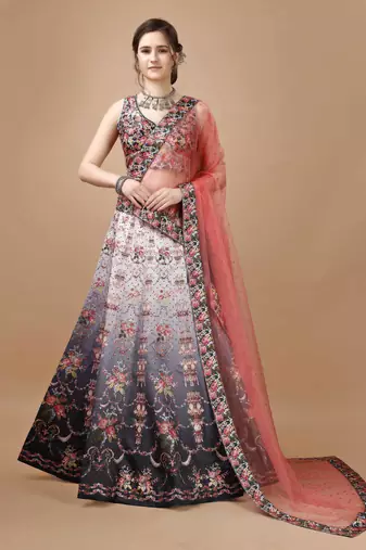 Grey Color Semistitched Digital Print Lehenga With Unstitched Blouse And Dupatta