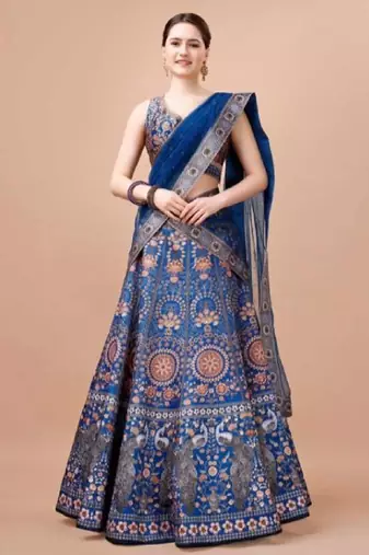 Blue Color Semi stitched Digital Print Lehenga With Unstitched Blouse And Dupatta