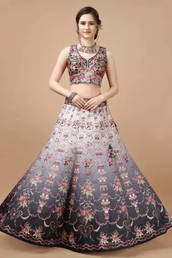 Grey Color Semistitched Digital Print Lehenga With Unstitched Blouse And Dupatta