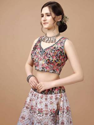 Grey Color Semistitched Digital Print Lehenga With Unstitched Blouse And Dupatta 4