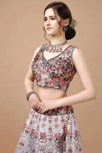 Grey Color Semistitched Digital Print Lehenga With Unstitched Blouse And Dupatta