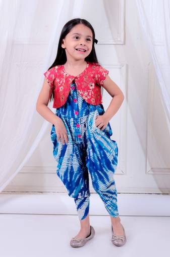 Twisha girls printed dhoti style jumpsuit with brocade shrug - blue & pink