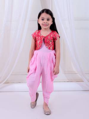 Twisha girls dhoti style jumpsuit with brocade shrug - baby pink & pink 1