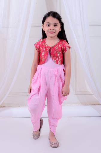 Twisha girls dhoti style jumpsuit with brocade shrug - baby pink & pink