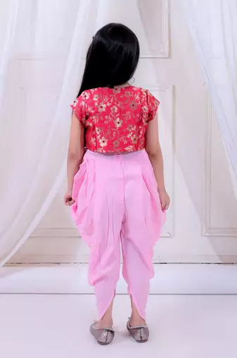 Twisha girls dhoti style jumpsuit with brocade shrug - baby pink & pink