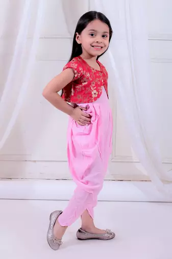 Twisha girls dhoti style jumpsuit with brocade shrug - baby pink & pink