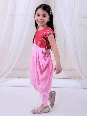 Twisha girls dhoti style jumpsuit with brocade shrug - baby pink & pink 4