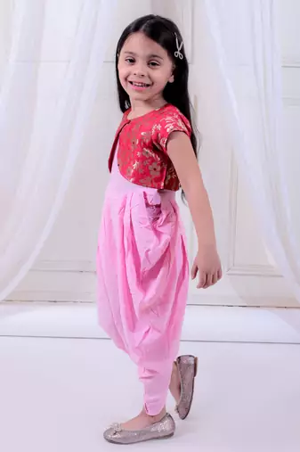 Twisha girls dhoti style jumpsuit with brocade shrug - baby pink & pink
