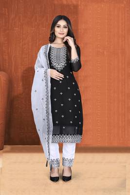 Black embroidery georgette with organza dupatta semi stitched a-line pant dress materials 1