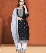 Black embroidery georgette with organza dupatta semi stitched a-line pant dress materials