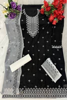Black embroidery georgette with organza dupatta semi stitched a-line pant dress materials 4