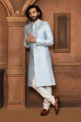 Wedding wear silver color art silk sherwani 4