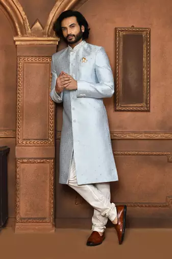 Wedding wear silver color art silk sherwani