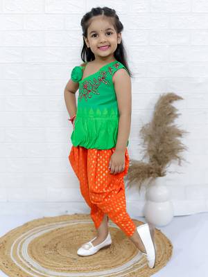 Twisha girls asymmetric neck embroidered top & printed dhoti pants - green & orange 2