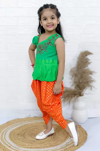 Twisha girls asymmetric neck embroidered top & printed dhoti pants - green & orange
