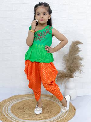 Twisha girls asymmetric neck embroidered top & printed dhoti pants - green & orange 3
