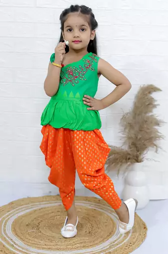 Twisha girls asymmetric neck embroidered top & printed dhoti pants - green & orange