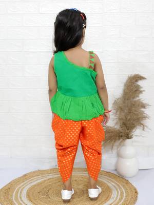 Twisha girls asymmetric neck embroidered top & printed dhoti pants - green & orange 4