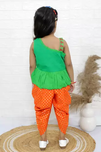 Twisha girls asymmetric neck embroidered top & printed dhoti pants - green & orange