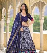 Women's Tussar Silk With Ikkat Print And Foil Work Lehenga Choli