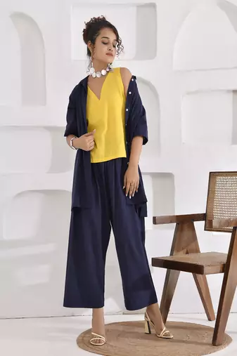 Navy blue and yellow vivid vibes three-piece coord set