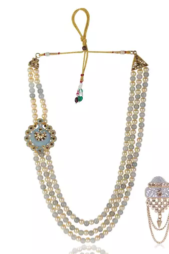   groom sherwani necklace layered moti mala for wedding | groom mala with brooch set
