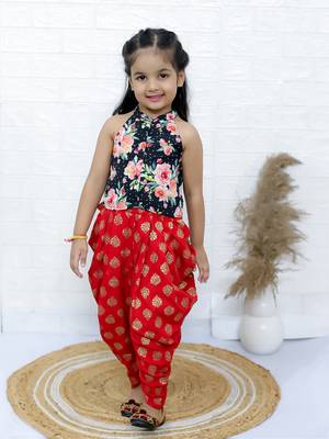 Twisha girls printed incut style top & dhoti pants - black & red 1