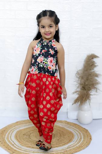Twisha girls printed incut style top & dhoti pants - black & red