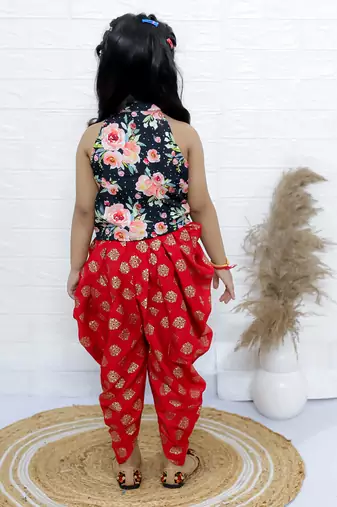 Twisha girls printed incut style top & dhoti pants - black & red