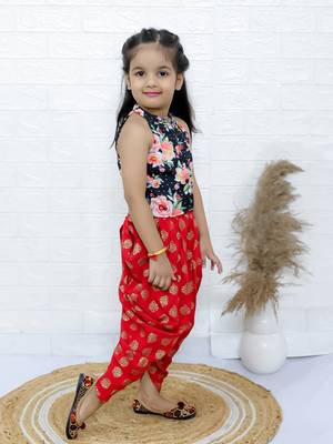 Twisha girls printed incut style top & dhoti pants - black & red 3