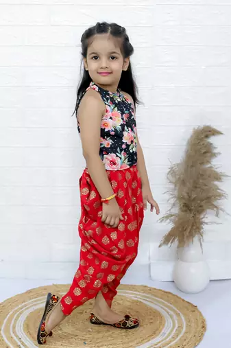 Twisha girls printed incut style top & dhoti pants - black & red