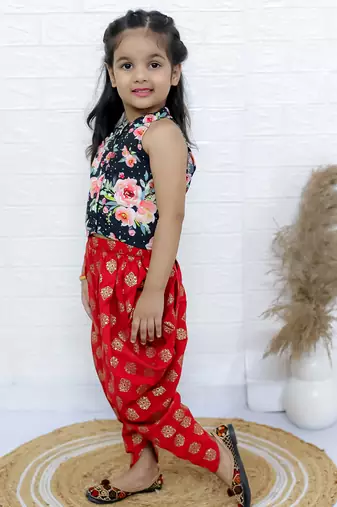 Twisha girls printed incut style top & dhoti pants - black & red