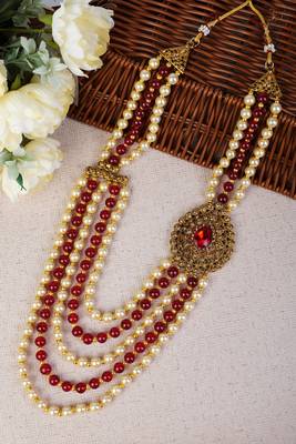   groom sherwani necklace layered moti mala for wedding | groom mala with brooch set 1