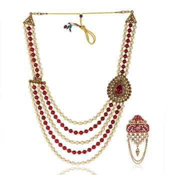   groom sherwani necklace layered moti mala for wedding | groom mala with brooch set 2
