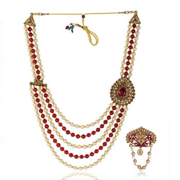   groom sherwani necklace layered moti mala for wedding | groom mala with brooch set 2