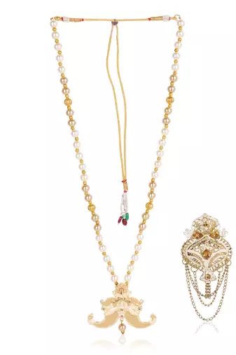 	  groom sherwani necklace layered moti mala for wedding | groom mala with brooch set	