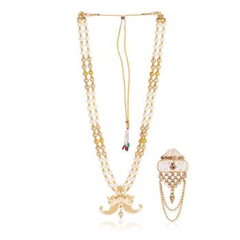   groom sherwani necklace layered moti mala for wedding | groom mala with brooch set 2