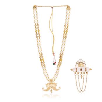   groom sherwani necklace layered moti mala for wedding | groom mala with brooch set 2