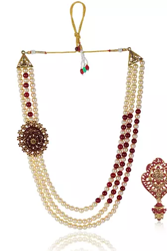 Pearl-Beaded Dulha Moti Mala Haar Necklace With Brooch